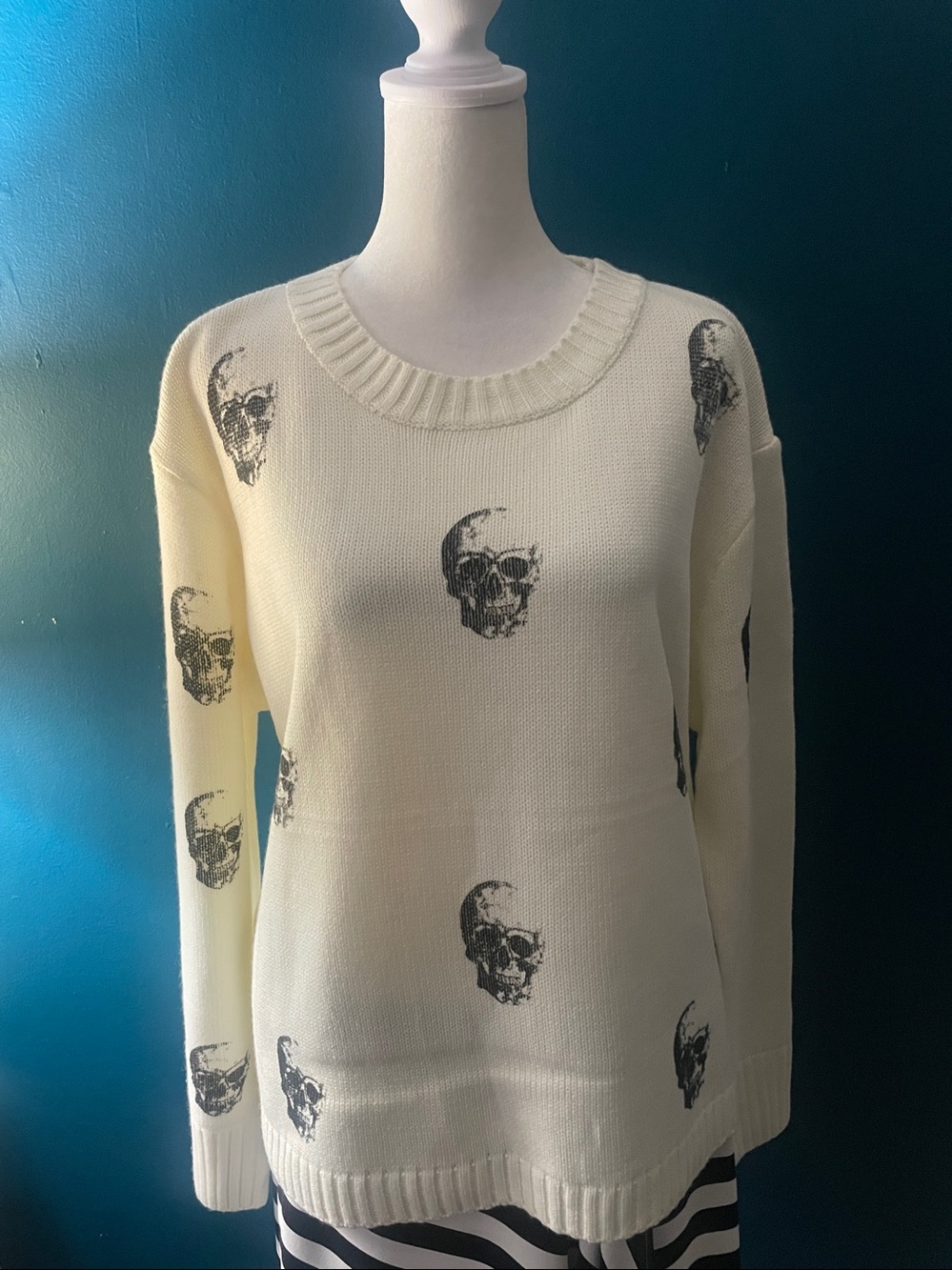 Cream Crewneck Sweater with Black Skull Motif Brand new with tags